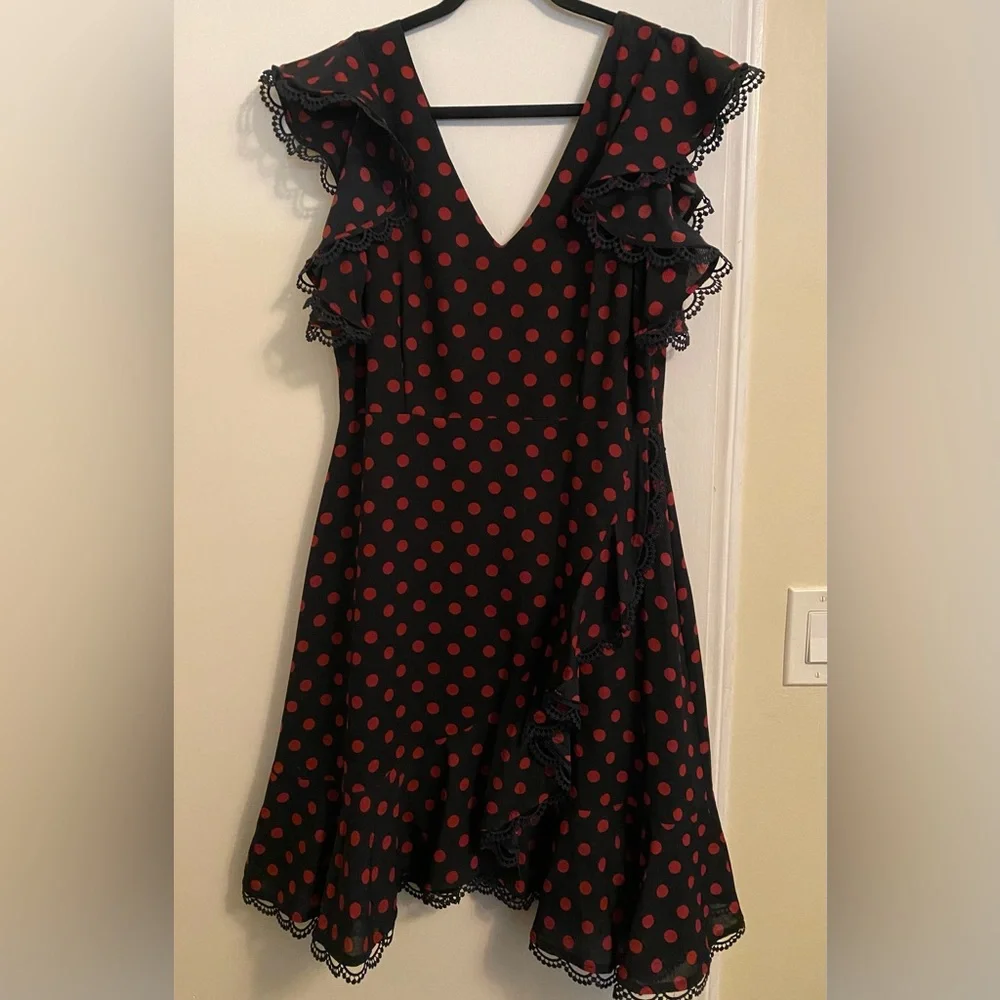 BB Dakota Polka Dot Ring The Alarm Knee Length Ruffled Dress size 12 - Picture 6 of 10